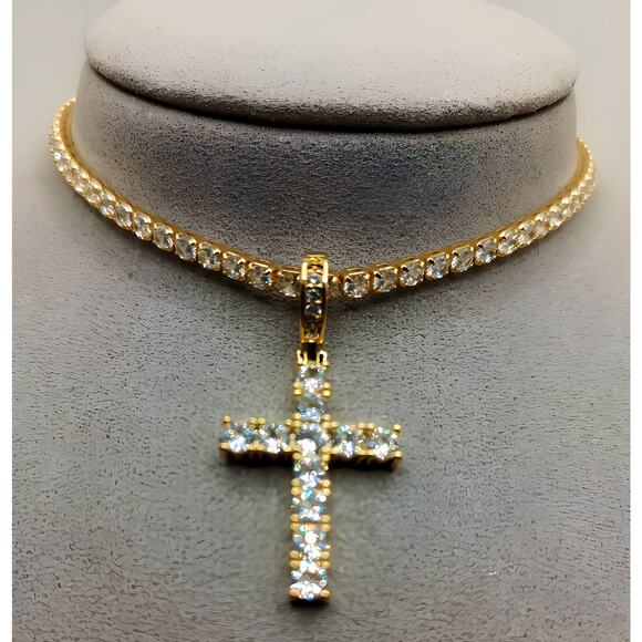 CZ Cross Pendant Gold Tennis Choker Necklace – 16"+3" Extender, 2-in-1 Look - Picture 2 of 3